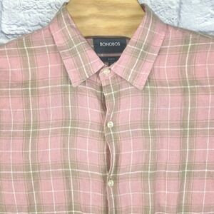 Bonobos Men Slim Fit Plaid Button Down Linen Shirt Long Sleeve Size Large